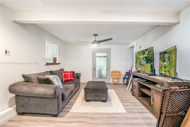 living room with beam ceiling, light hardwood / wood-style flooring, and ceiling fan