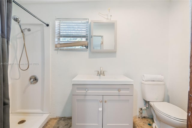 bathroom with walk in shower, vanity, and toilet