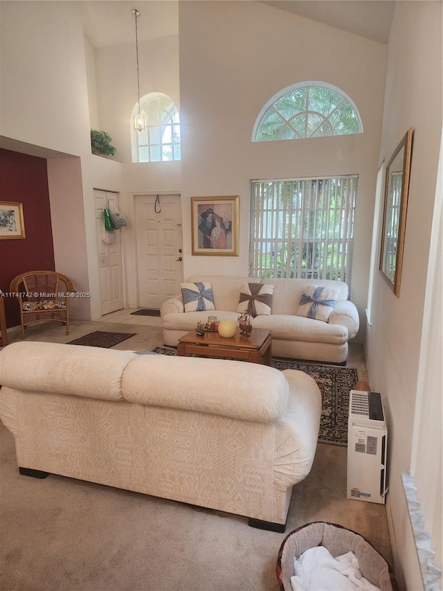 carpeted living area featuring a high ceiling and a wealth of natural light