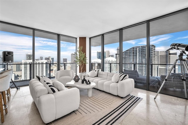 living area featuring a view of city and expansive windows