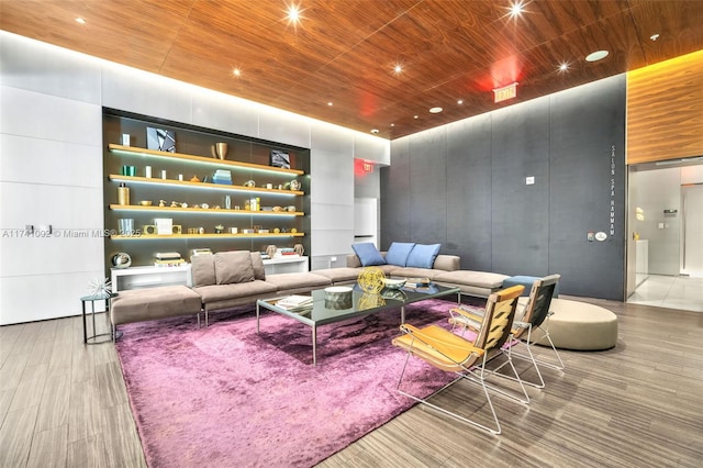 living room with wood ceiling