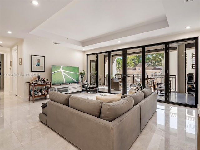 living room with a raised ceiling