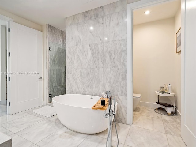 bathroom with toilet, independent shower and bath, and tile walls