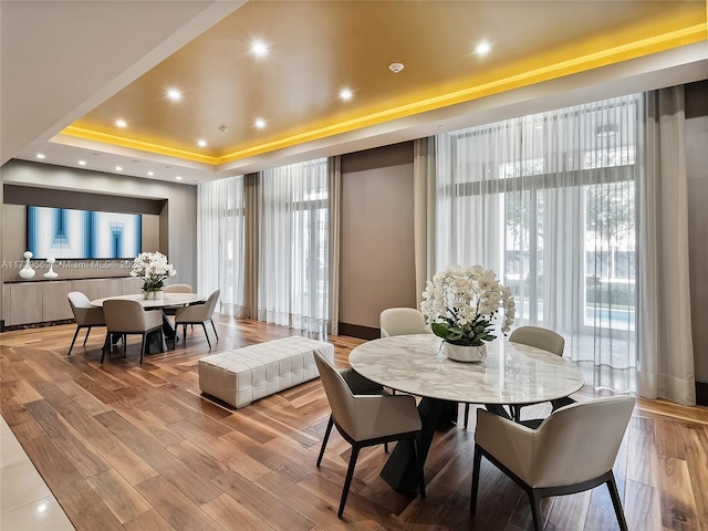 dining area with light hardwood / wood-style floors and a tray ceiling