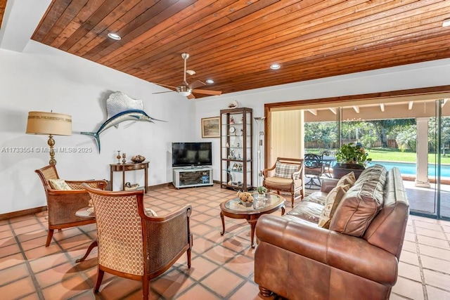 living room featuring wood ceiling and ceiling fan