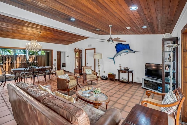 living room with ceiling fan with notable chandelier, vaulted ceiling, and wooden ceiling