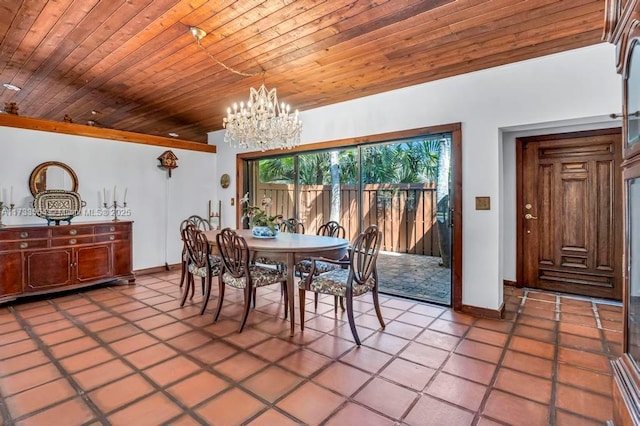 tiled dining space featuring a notable chandelier and wooden ceiling