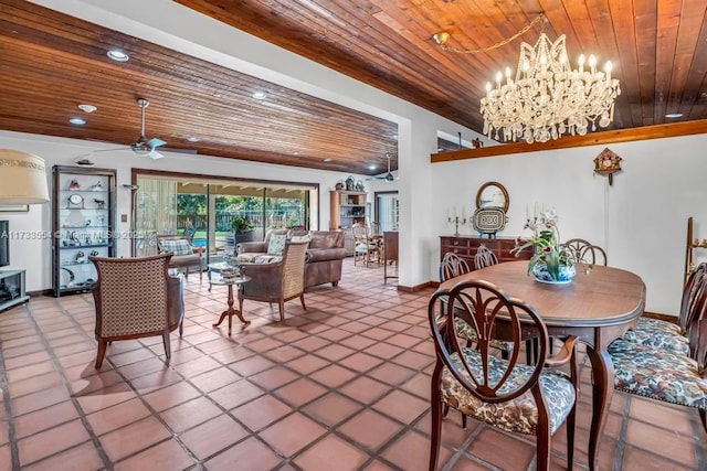 dining space featuring ceiling fan with notable chandelier and wooden ceiling