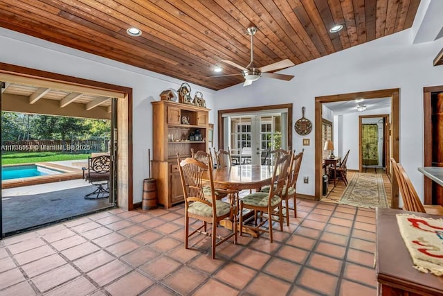 dining space with wooden ceiling, ceiling fan, and french doors