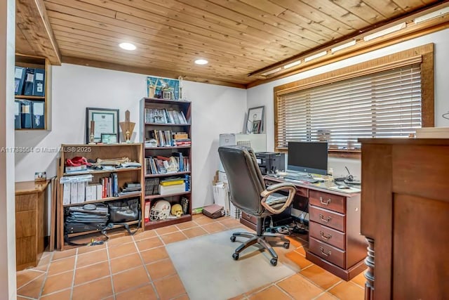 tiled home office with wooden ceiling