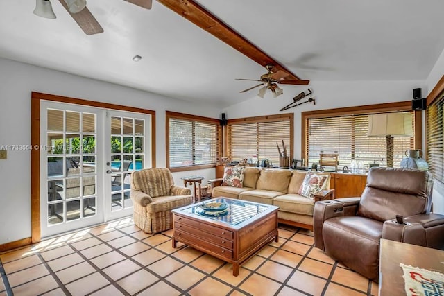 living room featuring lofted ceiling with beams and ceiling fan