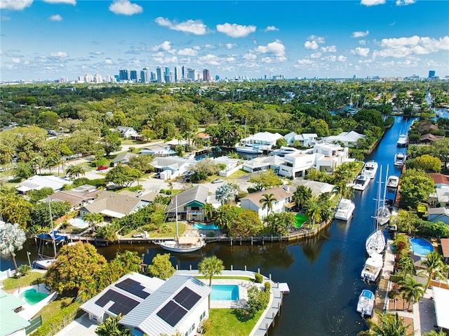 bird's eye view with a water view