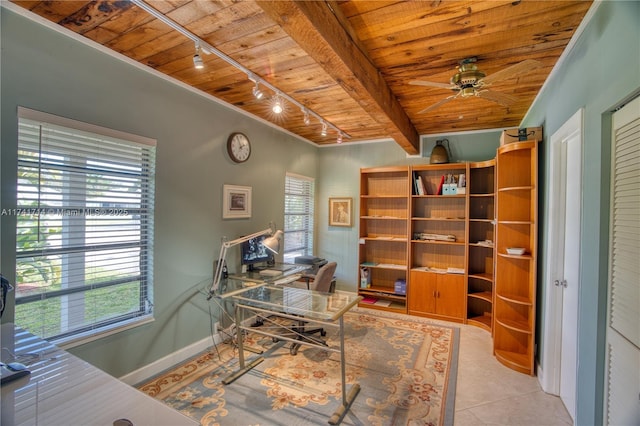 tiled office space featuring track lighting, wooden ceiling, and ceiling fan