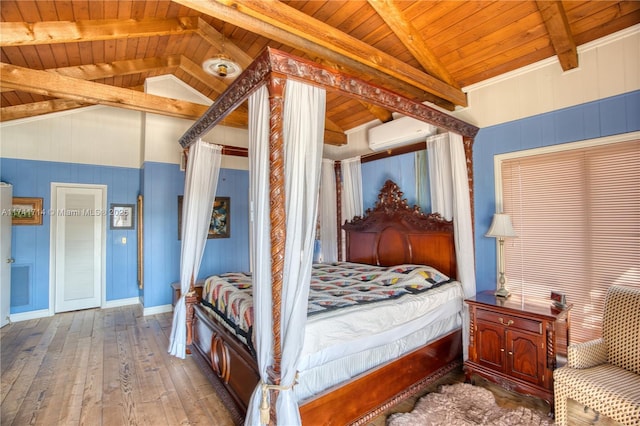 bedroom featuring wood ceiling, lofted ceiling with beams, a wall unit AC, and wood-type flooring