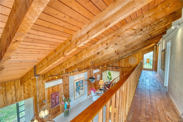 hall with wood ceiling, a wealth of natural light, and wooden walls