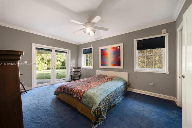 carpeted bedroom with french doors, ceiling fan, ornamental molding, and access to exterior