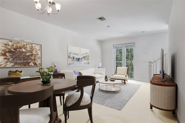 dining area with light tile patterned flooring, visible vents, and an inviting chandelier