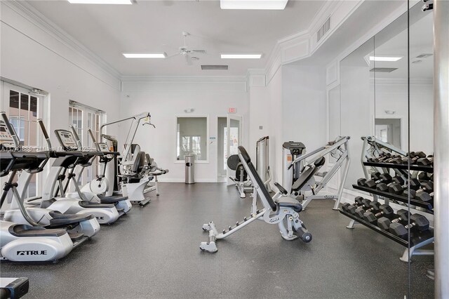 827 SW 147th Ave Unit 1406, Pembroke Pines, FL 33027 - exercise room with crown molding and ceiling fan
