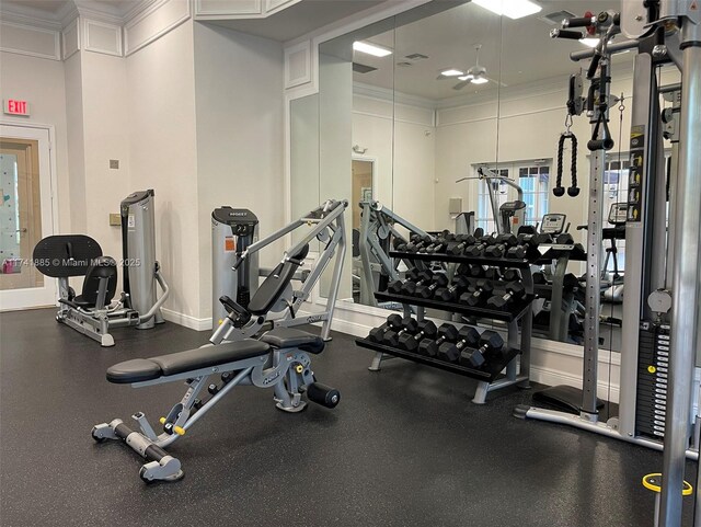 827 SW 147th Ave Unit 1406, Pembroke Pines, FL 33027 - gym with a ceiling fan and ornamental molding
