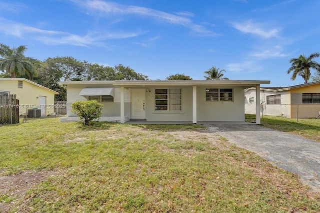 ranch-style house featuring cooling unit, a front yard, fence, and stucco siding