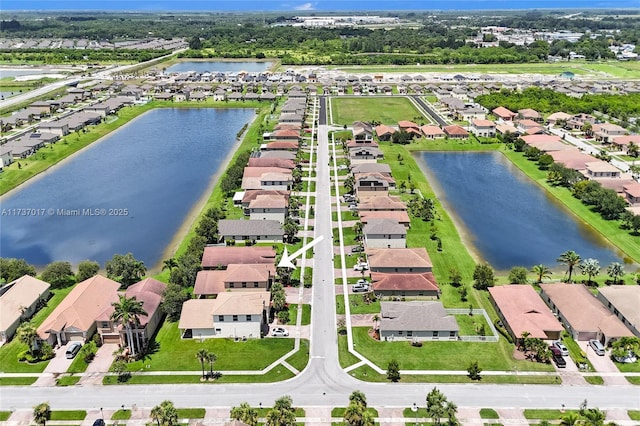 aerial view featuring a water view