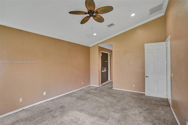 carpeted empty room with crown molding and ceiling fan