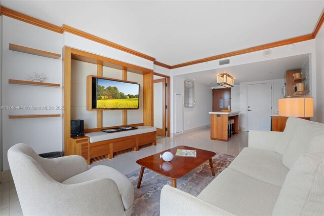 living room with crown molding