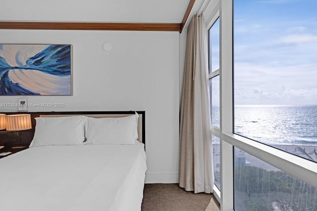 carpeted bedroom featuring a water view