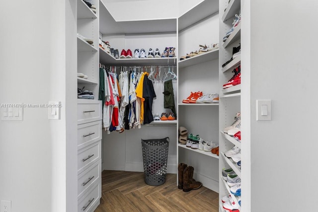 walk in closet with dark hardwood / wood-style floors