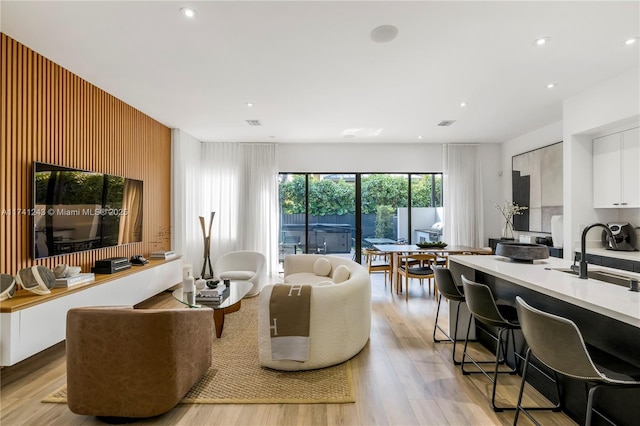 living room featuring light hardwood / wood-style floors and sink