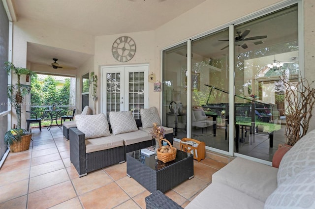 view of patio featuring french doors, outdoor lounge area, and ceiling fan