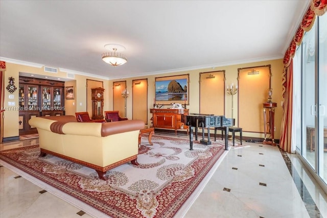 living room with ornamental molding and visible vents