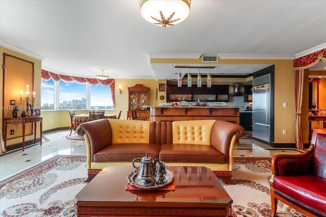 living room featuring ornamental molding, visible vents, a city view, and baseboards