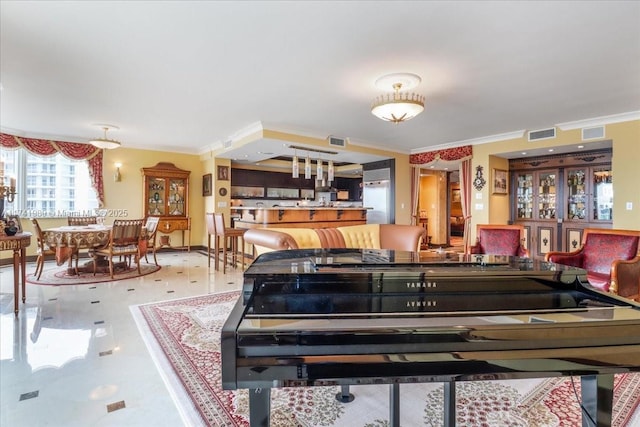 interior space featuring visible vents and crown molding