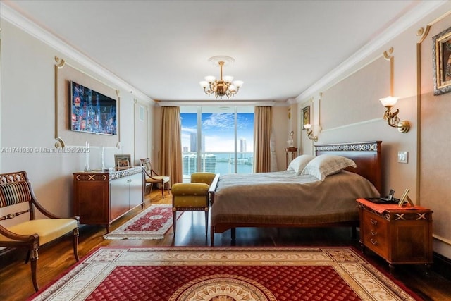 bedroom with expansive windows, a notable chandelier, wood finished floors, and crown molding