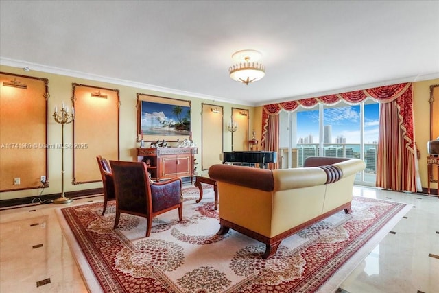 living area featuring ornamental molding