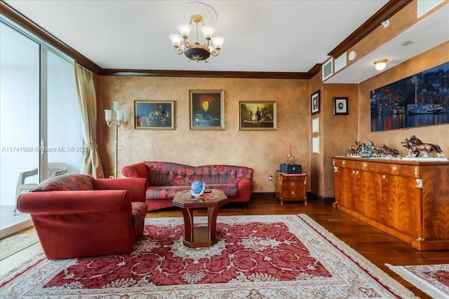 living area featuring ornamental molding, a chandelier, visible vents, and wood finished floors