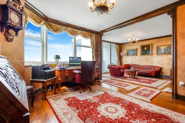 office space featuring ornamental molding, wood finished floors, and an inviting chandelier