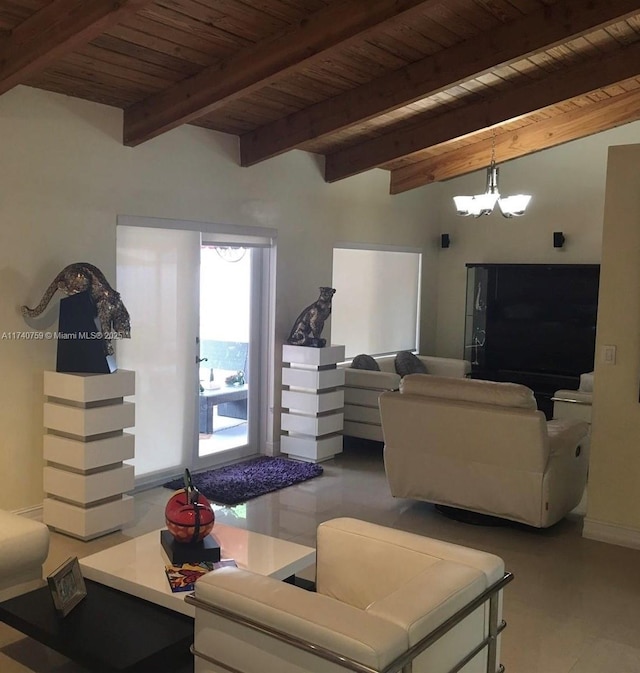 living room with an inviting chandelier, wooden ceiling, and beamed ceiling