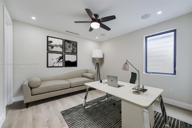 1617 NE 11th St Unit 1, Fort Lauderdale, FL 33304 - home office featuring baseboards, ceiling fan, light wood-style floors, and recessed lighting