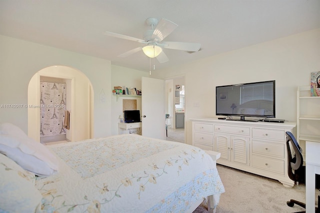 bedroom featuring light colored carpet and ceiling fan