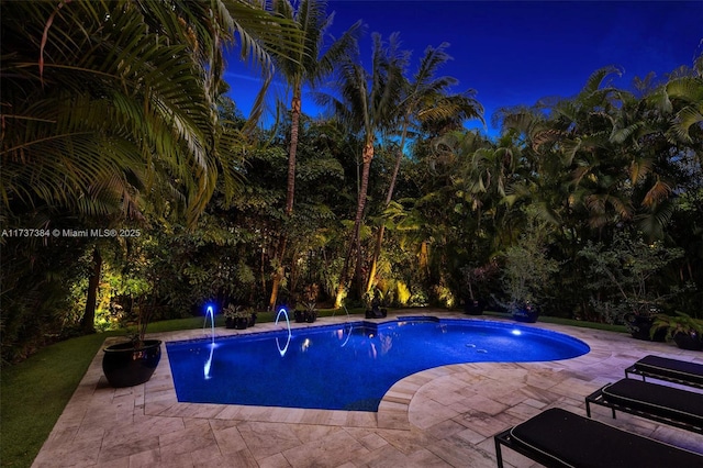 pool at night featuring a patio