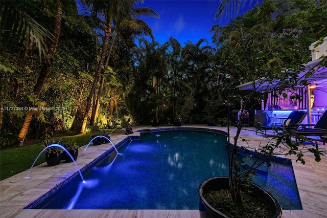 view of pool with a patio area and pool water feature