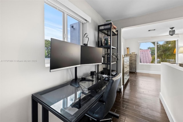 home office featuring dark wood-type flooring