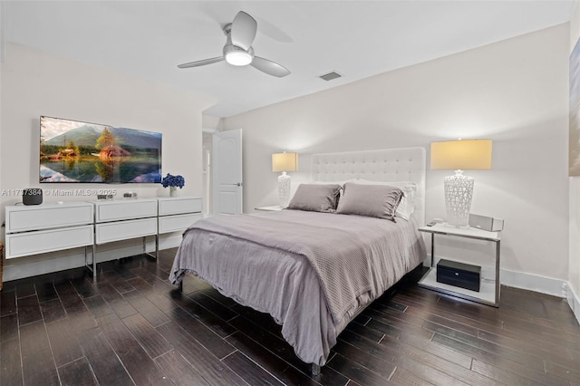 bedroom featuring dark wood-type flooring and ceiling fan