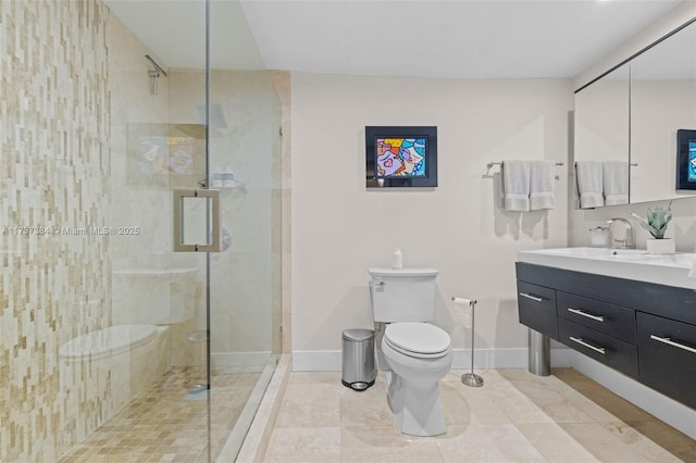 bathroom with vanity, toilet, and a shower with shower door