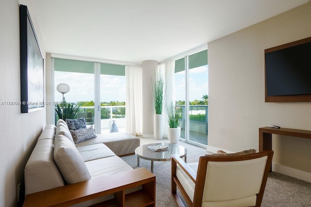 living room with floor to ceiling windows, a healthy amount of sunlight, and carpet flooring