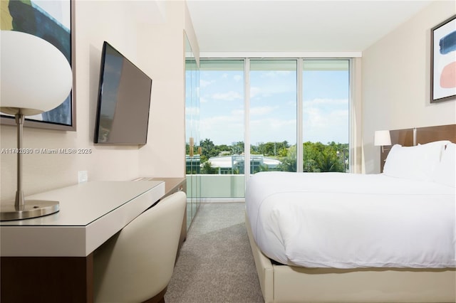 carpeted bedroom with floor to ceiling windows