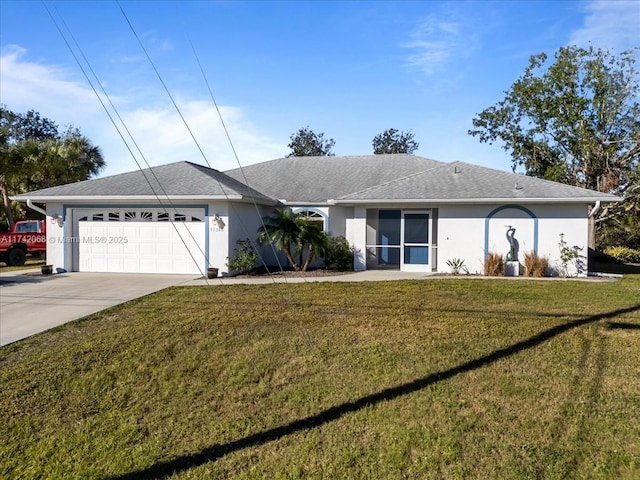 ranch-style home featuring a garage and a front lawn