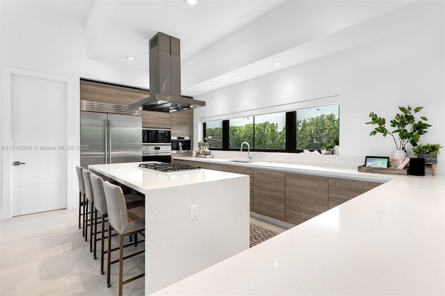 kitchen featuring sink, a breakfast bar, appliances with stainless steel finishes, island exhaust hood, and a kitchen island